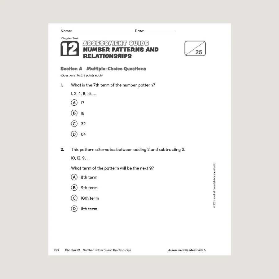 Primary Mathematics Assessment Guide Teacher Edition 5 (2022 Edition) - Blemished - Image 3